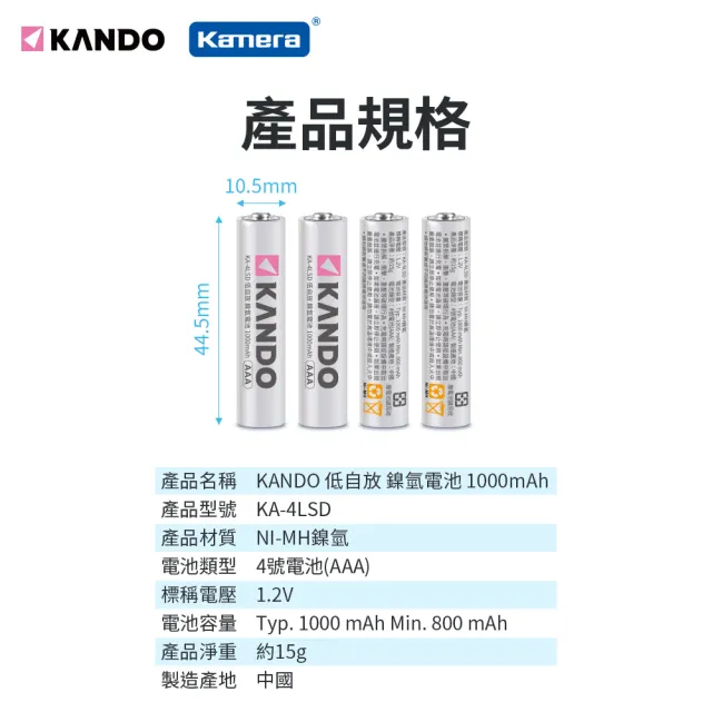 【Kamera 佳美能】8入 4號充電電池 低自放 鎳氫電池(KA-4LSD/1000mAh)