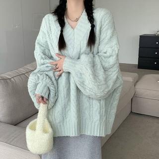 【D.studio】韓版寬鬆復古麻花V領毛衣(針織上衣長袖上衣女裝衣服保暖上衣冬季女裝秋冬女裝發熱衣 W396)