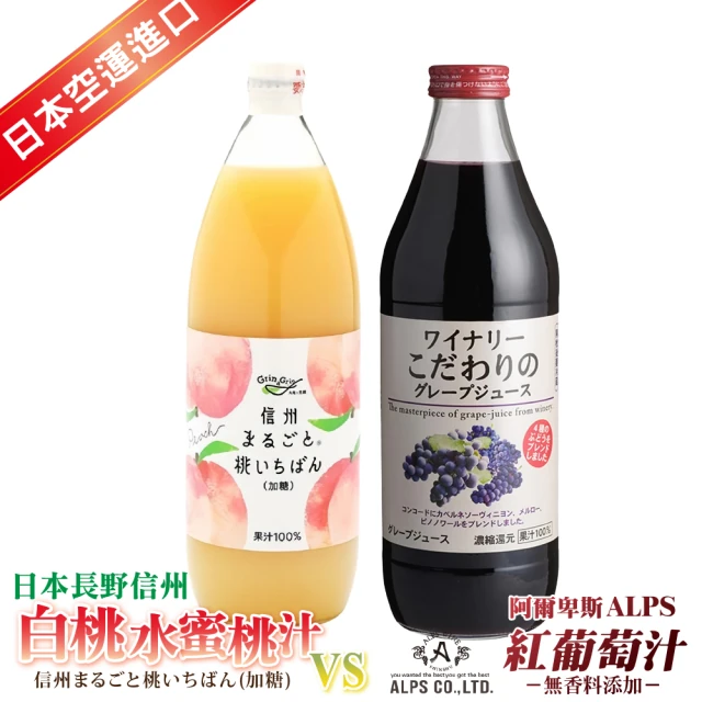 青森農協+長野興農 日本限定超值組APLS阿爾卑斯紅葡萄汁1L+信州白桃 水蜜桃汁(1Lx2入)