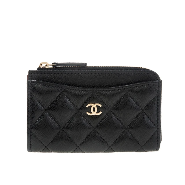 CHANEL 香奈兒 經典荔枝牛皮CC LOGO拉鍊零錢卡片包(黑色)