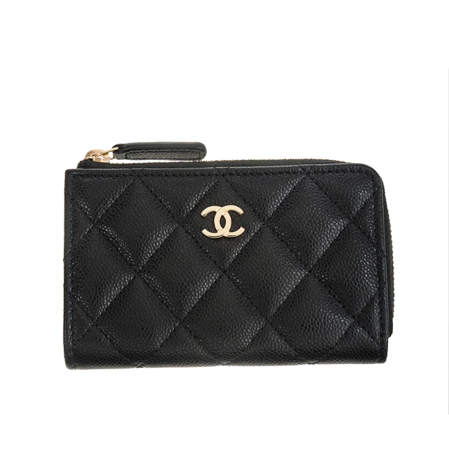 CHANEL 香奈兒 經典荔枝牛皮CC LOGO鑰匙釦拉鍊零錢包(黑色)