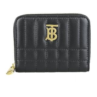 【BURBERRY 巴寶莉】BURBERRY Lola金TB字LOGO小羊皮絎縫格紋設計4卡拉鍊零錢包(黑)