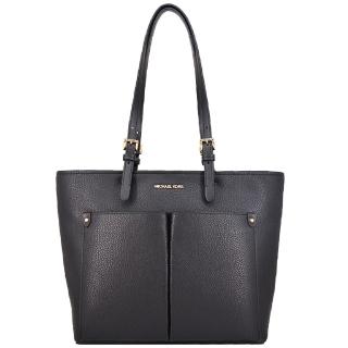 【Michael Kors】JET SET TRAVEL系列 金字LOGO 荔枝紋皮革 雙口袋 手提包 托特包(經典黑)