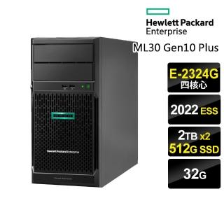【HP 惠普】E-2324G 四核直立伺服器(ML30 Gen10 Plus/E-2324G/32G/4TB HDD+512G SSD/2022ESS)