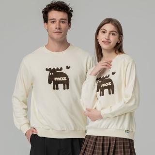 【moz】moz瑞典 毛巾繡愛心駝鹿 100%純棉 大學T-奶油白 男女款(亞洲版)