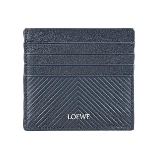 【LOEWE 羅威】LOEWE燙銀LOGO小牛皮人字紋圖案8卡開口式卡夾(海軍藍)