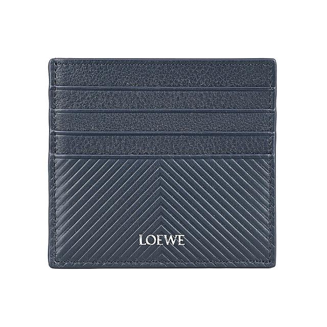 【LOEWE 羅威】LOEWE燙銀LOGO小牛皮人字紋圖案8卡開口式卡夾(海軍藍)