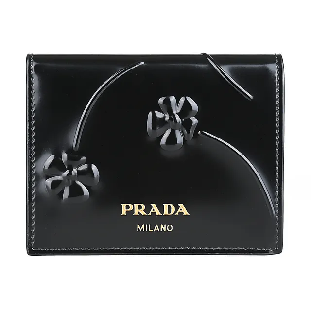 【PRADA 普拉達】PRADA燙金字LOGO漆皮小牛皮浮雕花卉3卡壓釦式短夾(黑)