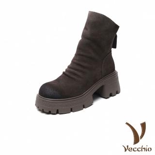 【Vecchio】真皮短靴 厚底短靴/全真皮磨砂牛皮手工擦色厚底粗跟短靴(卡其)