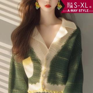 【艾美時尚】中大尺碼女裝 上衣 針織衫 慵懶拼色V字翻領針織外套。S-XL(綠.預購)