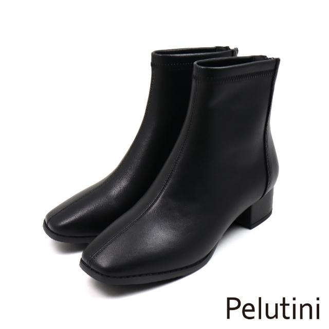 【Pelutini】經典方頭車線後鍊軟皮中跟短靴 黑色(437101W-BL)