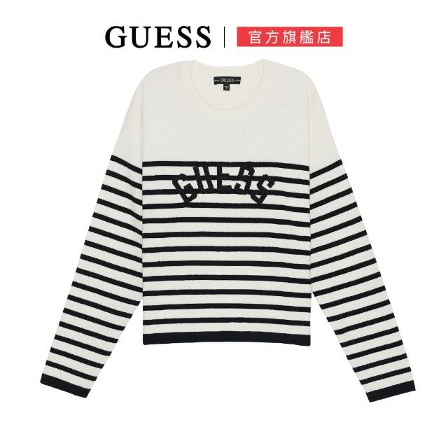 【GUESS】休閒LOGO撞色條紋針織上衣(白色)