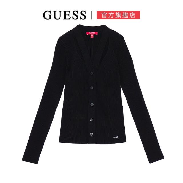 【GUESS】修身鈕扣小鏤空針織上衣(黑色)