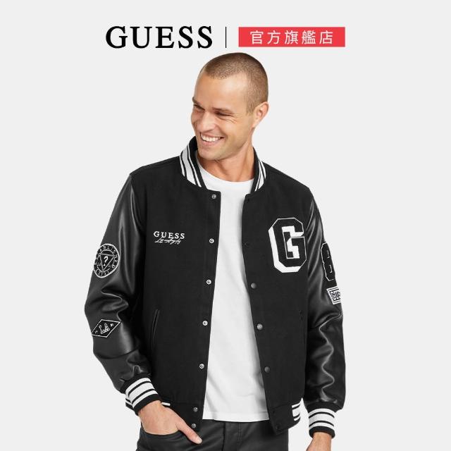 【GUESS】美式校園LOGO鈕扣連帽外套(黑色)