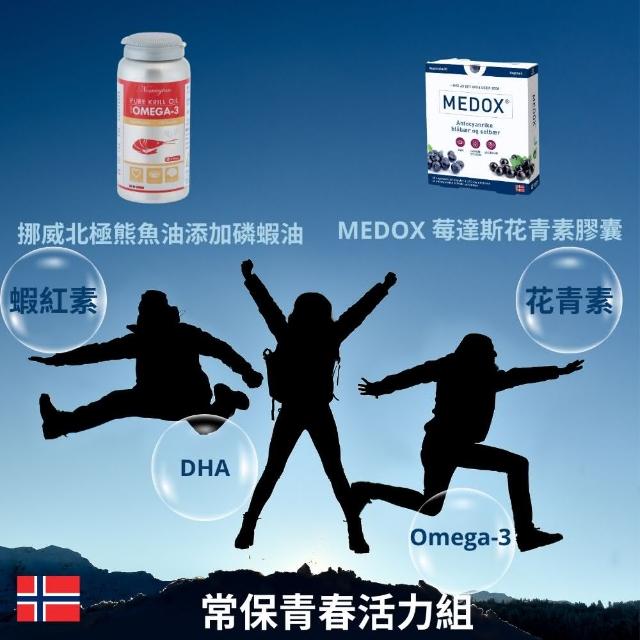 【Isbjorn挪威北極熊保健專家】魚油添加磷蝦油膠囊一瓶+ Medox莓達斯藍莓花青素膠囊一盒(120顆/瓶+30顆/盒)