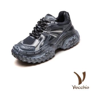 【Vecchio】真皮運動鞋 厚底運動鞋/真皮透氣網面拼接個性復古厚底老爹鞋 運動鞋(黑)