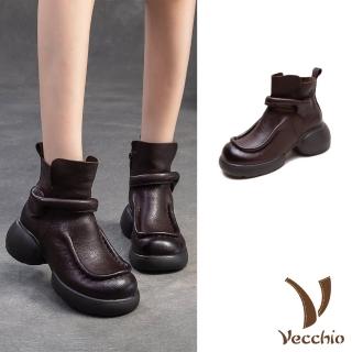 【Vecchio】真皮短靴 厚底短靴/真皮頭層牛皮復古立體線邊包根一字帶厚底短靴(棕)
