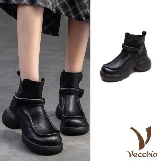【Vecchio】真皮短靴 厚底短靴/真皮頭層牛皮復古立體線邊包根一字帶厚底短靴(黑)