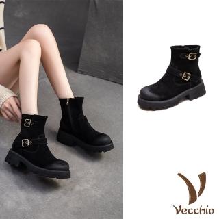 【Vecchio】真皮短靴 厚底短靴/真皮磨砂皮革個性雙皮帶釦飾造型粗跟厚底短靴(黑)