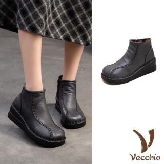 【Vecchio】真皮短靴 厚底短靴/真皮頭層牛皮復古縫線造型坡跟厚底短靴(灰)