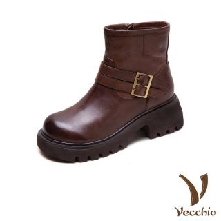 【Vecchio】真皮短靴 粗跟短靴/全真皮頭層牛皮經典雙細皮帶造型粗跟短靴(咖)