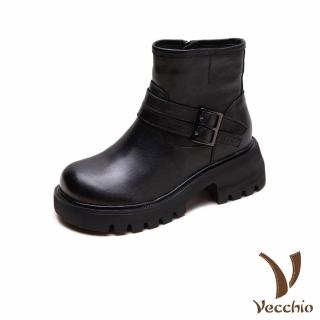 【Vecchio】真皮短靴 粗跟短靴/全真皮頭層牛皮經典雙細皮帶造型粗跟短靴(黑)