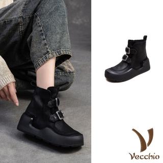 【Vecchio】真皮短靴 厚底短靴/全真皮頭層牛皮個性雙皮帶釦飾厚底短靴(黑)