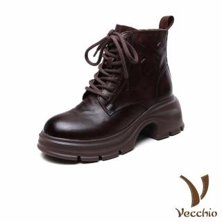 【Vecchio】真皮短靴 粗跟短靴/全真皮頭層小牛皮經典繫帶粗跟短靴(棕)