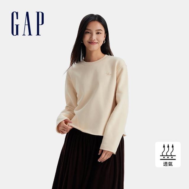 【GAP】女裝 Logo刺繡刷毛圓領長袖T恤-米色(600762)