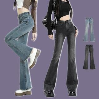 【JILLI-KO】時尚修身毛鬚高腰女彈力長褲喇叭牛仔褲 寬褲-M/L/XL/XXL(多款任選)