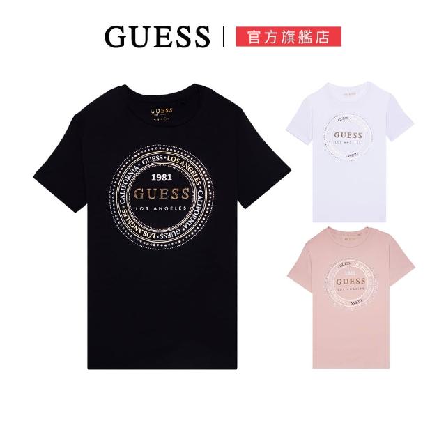 【GUESS】水鑽亮片LOGO棉質短袖上衣(三色任選)