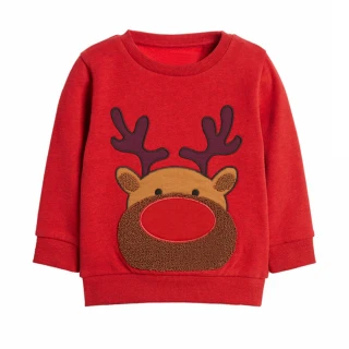 【橘魔法】紅色捲毛麋鹿長袖上衣(衛衣 薄長袖 中性款 男童 女童 兒童 聖誕服裝 聖誕節 耶誕節 大紅 過年)