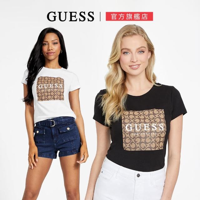 【GUESS】純棉滿版字母印花LOGO短版上衣(兩色任選)