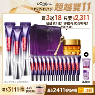 【LOREAL Paris 巴黎萊雅】雙11限定★全新升級玻尿酸眼霜級撫紋精華霜Pro版30ml_3入組(眼霜/紫熨斗)