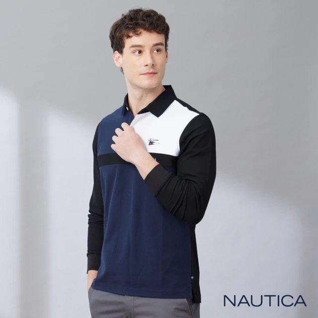 NAUTICA 男裝 抗菌涼感拼接長袖POLO衫(藍色)