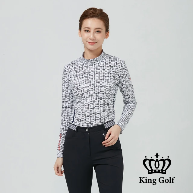 KING GOLF 網路限定款-女款幾何滿版印圖LOGO印花立領薄款長袖上衣(藍色)