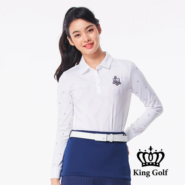 KING GOLF 網路限定款-女款火鶴刺繡星星印花薄款長袖POLO衫(白色)