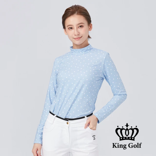 KING GOLF 網路限定款-女款滿版點點印圖LOGO燙標輕刷毛小立領長袖內搭衣(淺藍)