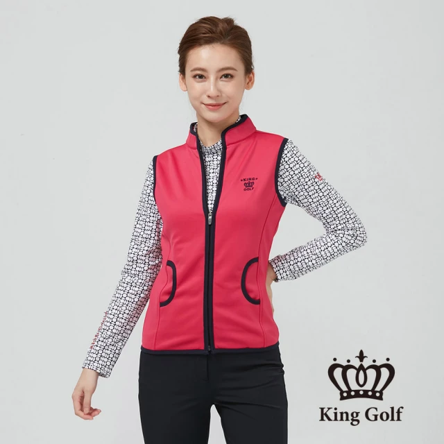 KING GOLF 網路限定款-女款LOGO刺繡愛心字母印圖中厚款刷毛背心外套(粉色)