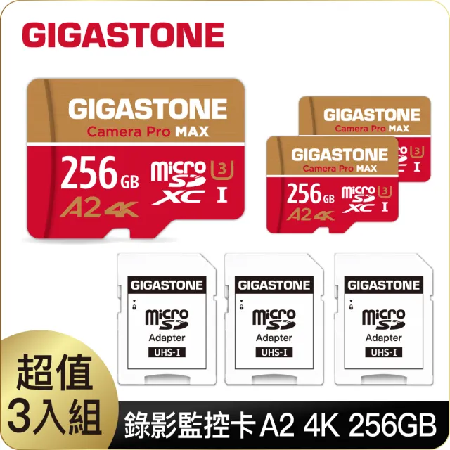 【GIGASTONE 立達】Camera Pro MAX microSDXC UHS-Ⅰ U3 A2 4K 256GB錄影監控記憶卡-3入組(網路攝影機)