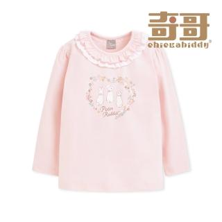 【奇哥】比得兔 女童裝 蜜甜比得浪漫雙層花邊領長袖側開上衣(2-5歲)