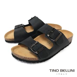 【TINO BELLINI 貝里尼】義大利雙釦拖鞋FSQB001-U(黑瘋馬皮)