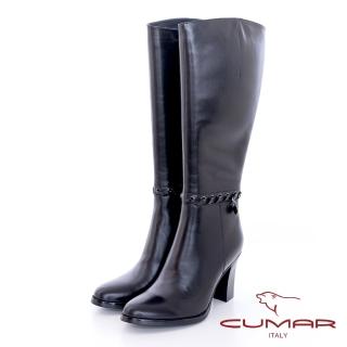 【CUMAR】簡約皮帶扣環高跟長靴(黑色)