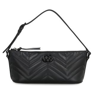 【GUCCI 古馳】739166 經典Marmont系列黑釦絎縫牛皮手提肩揹包腋下包(黑色)