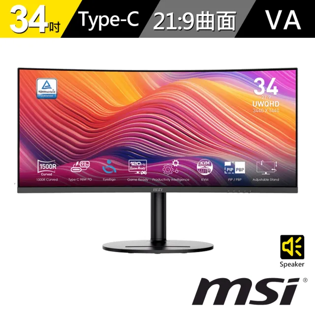 【MSI 微星】MODERN MD342CQP 34型 VA 120Hz 21:9 曲面螢幕(1500R曲率/HDMI/Type-C/1ms MPRT)