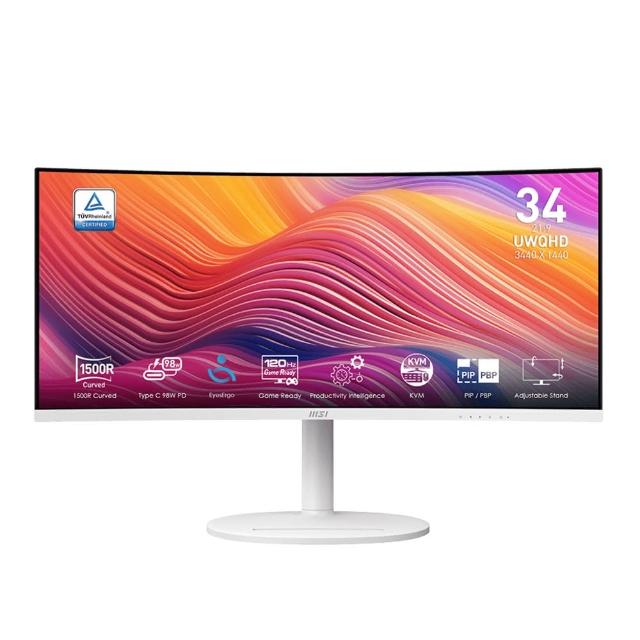 【MSI 微星】Modern MD342CQPW 34型 VA 120Hz 21:9 曲面顯示器(1500R/HDMI/Type-C/1ms MPRT/白)