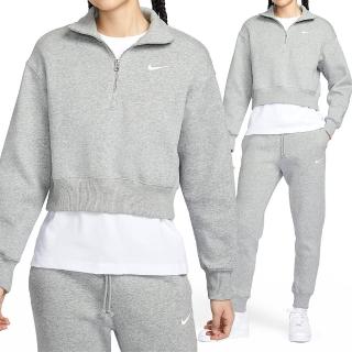 【NIKE 耐吉】PHNX FLC QZ Crop 女款 灰色 寬鬆 半拉鍊 短版 小勾 刺繡 刷毛 長袖 DQ5768-063