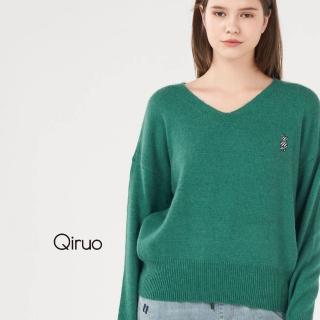 【Qiruo 奇若名品】專櫃綠色小羊毛上衣2001AA-70 保暖V領款(FF)