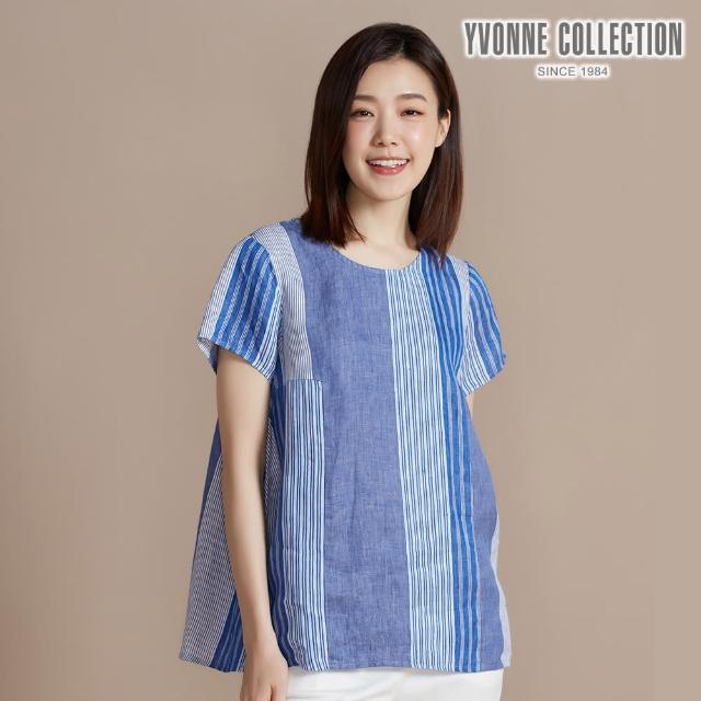 【YVONNE 以旺傢飾】條紋拼接亞麻短袖上衣(網路限定)