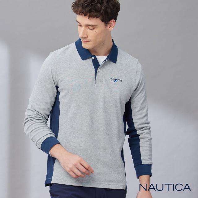 【NAUTICA】男裝 跳色拼接文字長袖POLO衫(灰色)